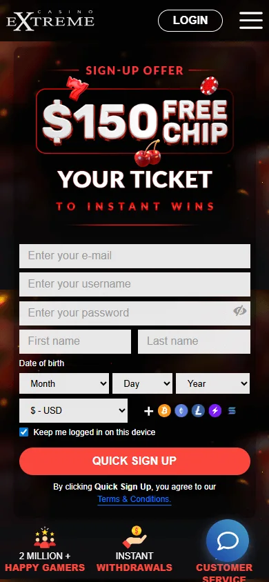 Extreme Casino home view on a mobile device